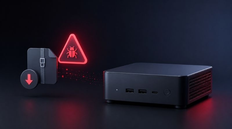 Small black desktop mini PC on a dark surface with a glowing red malware warning triangle and bug icon nearby; a circular button shows a downward arrow stuck to a case on the left.