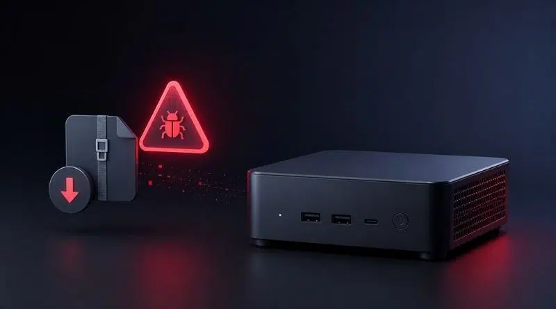 Small black desktop mini PC on a dark surface with a glowing red malware warning triangle and bug icon nearby; a circular button shows a downward arrow stuck to a case on the left.