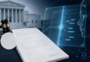 Gavel and legal documents on a desk with a blue holographic AI interface and a courthouse backdrop.
