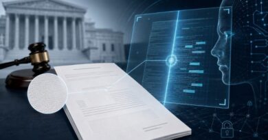 Gavel and legal documents on a desk with a blue holographic AI interface and a courthouse backdrop.