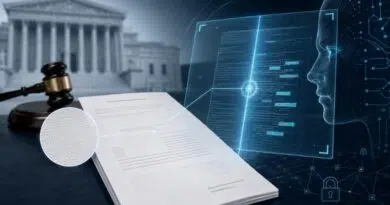Gavel and legal documents on a desk with a blue holographic AI interface and a courthouse backdrop.
