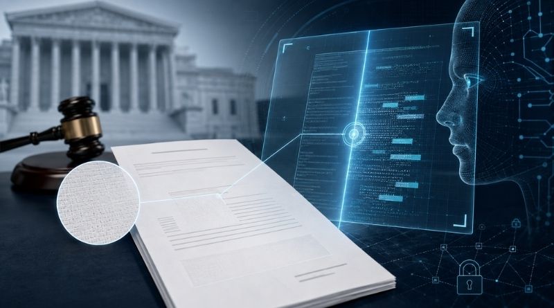 Gavel and legal documents on a desk with a blue holographic AI interface and a courthouse backdrop.