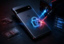 Smartphone on a dark desk with a glowing digital padlock around it, as a drill/laser from a machine simulates a cyberattack, symbolizing data security threats.