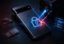 Smartphone on a dark desk with a glowing digital padlock around it, as a drill/laser from a machine simulates a cyberattack, symbolizing data security threats.