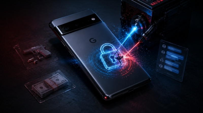Smartphone on a dark desk with a glowing digital padlock around it, as a drill/laser from a machine simulates a cyberattack, symbolizing data security threats.