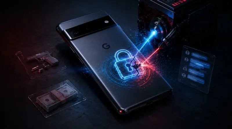 Smartphone on a dark desk with a glowing digital padlock around it, as a drill/laser from a machine simulates a cyberattack, symbolizing data security threats.