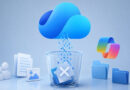 Cloud storage deletion: blue cloud above a glass bin with file icons ready to be erased.