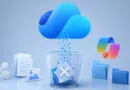 Cloud storage deletion: blue cloud above a glass bin with file icons ready to be erased.