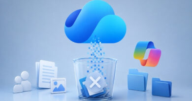 Cloud storage deletion: blue cloud above a glass bin with file icons ready to be erased.
