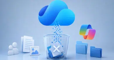 Cloud storage deletion: blue cloud above a glass bin with file icons ready to be erased.