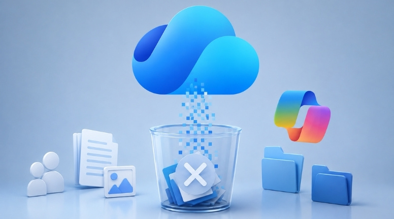 Cloud storage deletion: blue cloud above a glass bin with file icons ready to be erased.
