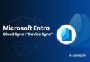Microsoft Entra Cloud Sync: Device Sync banner with logo and IT-CONNECT branding on a blue gradient background.