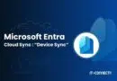 Microsoft Entra Cloud Sync: Device Sync banner with logo and IT-CONNECT branding on a blue gradient background.