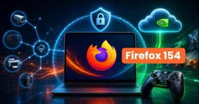 Laptop shows Firefox logo with a prominent Firefox 154 badge, surrounded by cloud and shield/security icons, plus a gaming controller in the foreground.