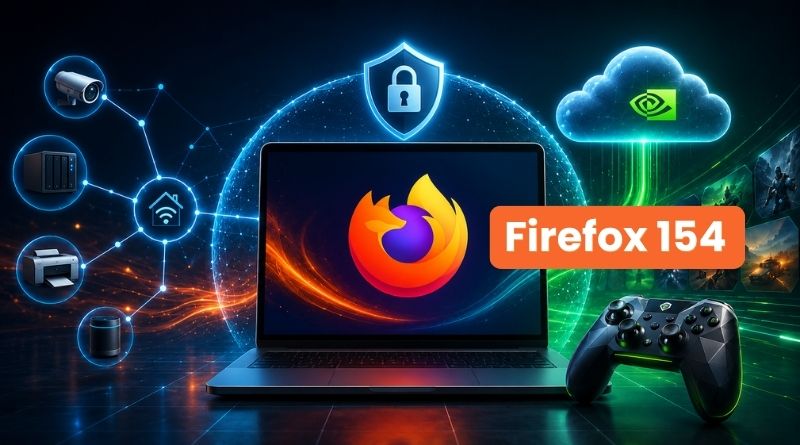 Laptop shows Firefox logo with a prominent Firefox 154 badge, surrounded by cloud and shield/security icons, plus a gaming controller in the foreground.