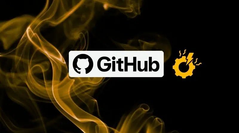 GitHub logo on a black smoky background with an orange gear icon.