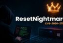 Hooded hacker at a laptop displaying green code, with a glowing crown and the title 'ResetNightmare CVE-2026-27912'