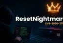 Hooded hacker at a laptop displaying green code, with a glowing crown and the title 'ResetNightmare CVE-2026-27912'