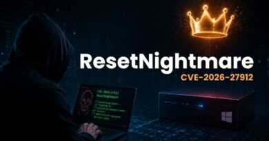 Hooded hacker at a laptop displaying green code, with a glowing crown and the title 'ResetNightmare CVE-2026-27912'