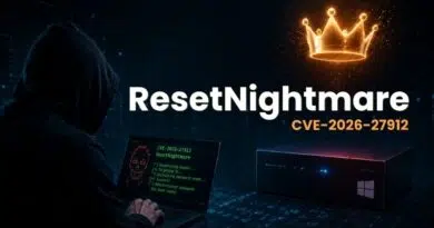 Hooded hacker at a laptop displaying green code, with a glowing crown and the title 'ResetNightmare CVE-2026-27912'