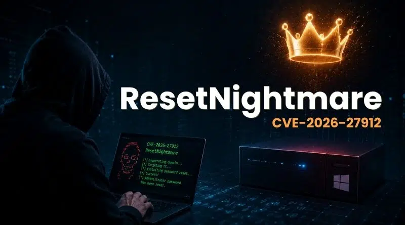 Hooded hacker at a laptop displaying green code, with a glowing crown and the title 'ResetNightmare CVE-2026-27912'