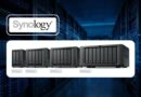 Synology network attached storage (NAS) lineup—DS725, DS925+, DS1525+, DS1825+—displayed on a white panel with a data center backdrop.