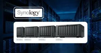 Synology network attached storage (NAS) lineup—DS725, DS925+, DS1525+, DS1825+—displayed on a white panel with a data center backdrop.