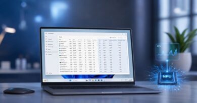Laptop on a desk showing a data-management dashboard on screen, with a blue holographic NPU graphic and chart nearby.