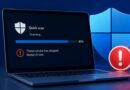 Laptop screen shows an 80% Quick scan progress with a red threat service stopped alert and exclamation icon beside a Windows shield.