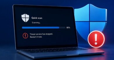 Laptop screen shows an 80% Quick scan progress with a red threat service stopped alert and exclamation icon beside a Windows shield.