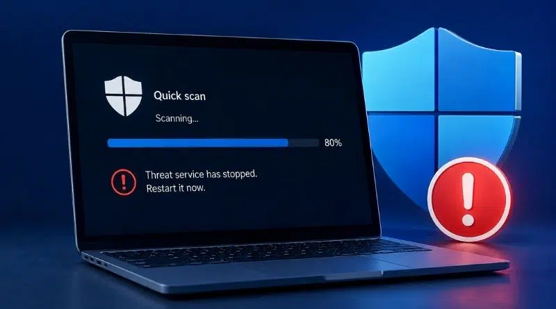 Laptop screen shows an 80% Quick scan progress with a red threat service stopped alert and exclamation icon beside a Windows shield.