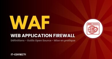 Banner introducing Web Application Firewall (WAF) with large 'WAF' text and a globe-with-shield icon on the right; IT-Connect logo at bottom left.