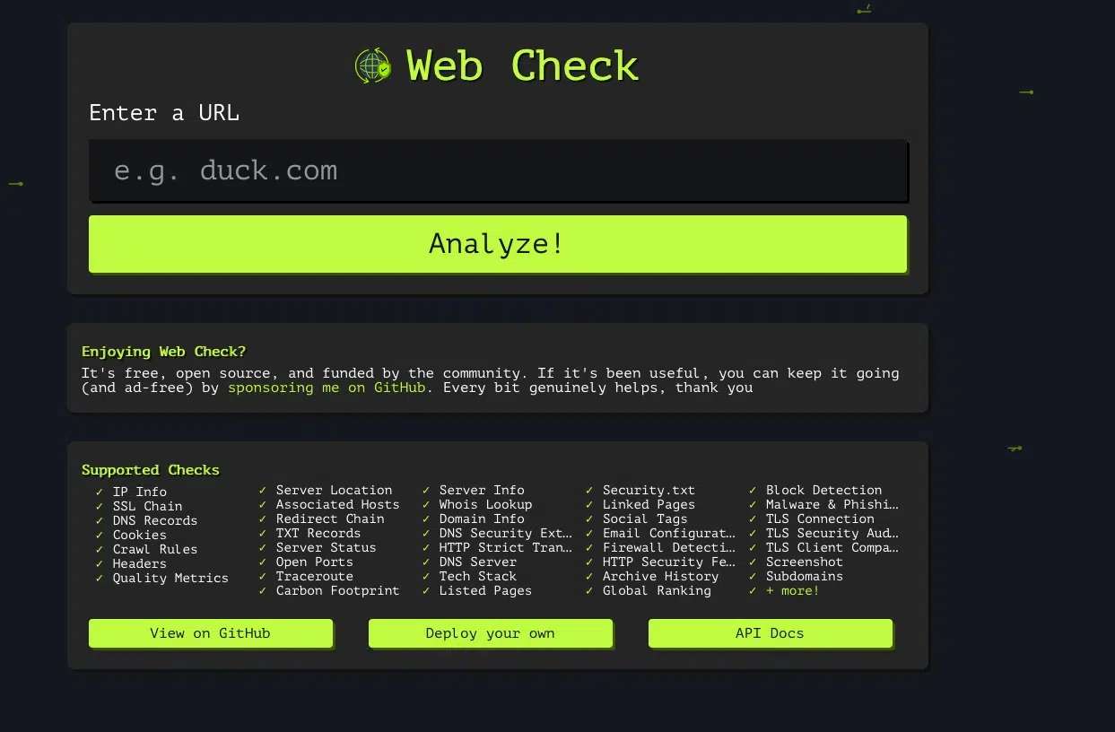 Web Check UI with URL input and lime Analyze button on a dark page header.