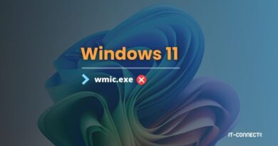 Graphic showing Windows 11 branding with a line, a blue arrow and the text 'wmic.exe' followed by a red X, signaling that WMIC.EXE is blocked or unavailable.