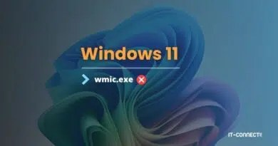 Graphic showing Windows 11 branding with a line, a blue arrow and the text 'wmic.exe' followed by a red X, signaling that WMIC.EXE is blocked or unavailable.