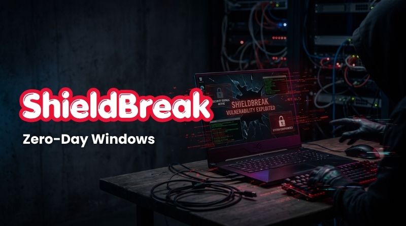 ShieldBreak banner over a hacker's dark workstation showing 'Zero-Day Windows' exploit text on a laptop screen in a data-center setting.