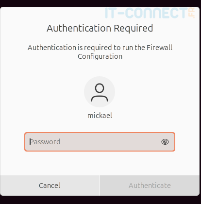 Request for sudo password for privilege escalation (managed by PolicyKit).