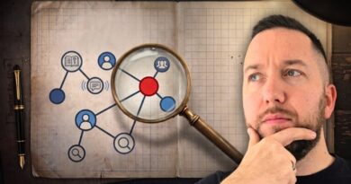 A man looks thoughtful while a magnifying glass highlights a red central node in a network diagram drawn in a notebook.