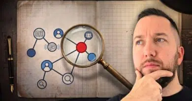 A man looks thoughtful while a magnifying glass highlights a red central node in a network diagram drawn in a notebook.