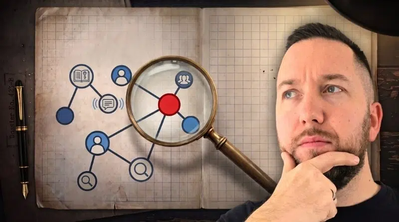 A man looks thoughtful while a magnifying glass highlights a red central node in a network diagram drawn in a notebook.