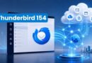 Thunderbird 154 logo over a laptop screen showing an email app, with a glowing cloud network and city skyline in the background.