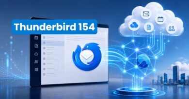 Thunderbird 154 logo over a laptop screen showing an email app, with a glowing cloud network and city skyline in the background.