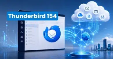 Thunderbird 154 logo over a laptop screen showing an email app, with a glowing cloud network and city skyline in the background.