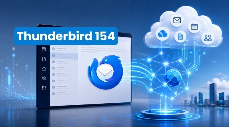Thunderbird 154 logo over a laptop screen showing an email app, with a glowing cloud network and city skyline in the background.