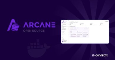 Arcane Open Source branding on a dark purple background with a centered UI dashboard screenshot and IT-Connect label bottom-right.
