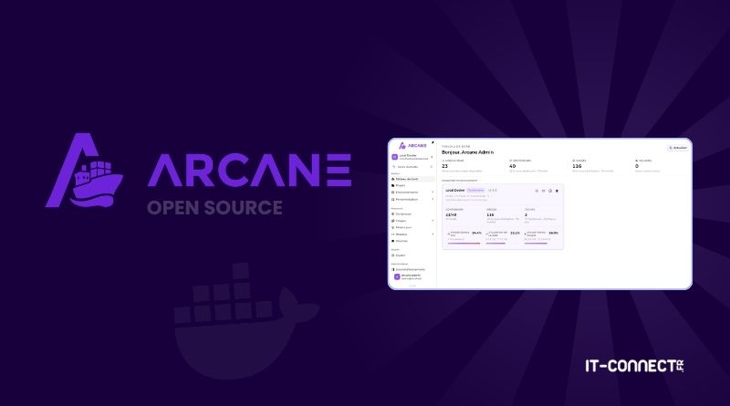Arcane Open Source branding on a dark purple background with a centered UI dashboard screenshot and IT-Connect label bottom-right.