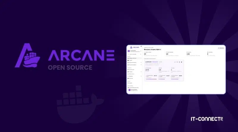 Arcane Open Source branding on a dark purple background with a centered UI dashboard screenshot and IT-Connect label bottom-right.