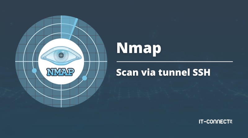Nmap banner with an eye logo inside a radar circle, next to the text 'Nmap' and 'Scan via tunnel SSH' on a dark blue background.