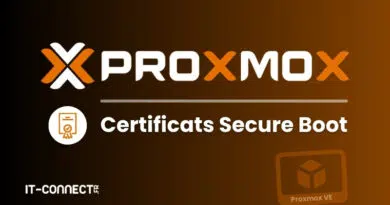 Promotional banner featuring the Proxmox logo, the heading 'Certificates Secure Boot', certificate badge icon, and IT-Connect branding on a brown gradient background.
