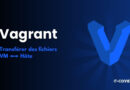 Graphic showing the Vagrant brand with a large blue logo on the right and the French caption 'Transférer des fichiers VM ↔ Hôte' on the left on a dark blue gradient background.